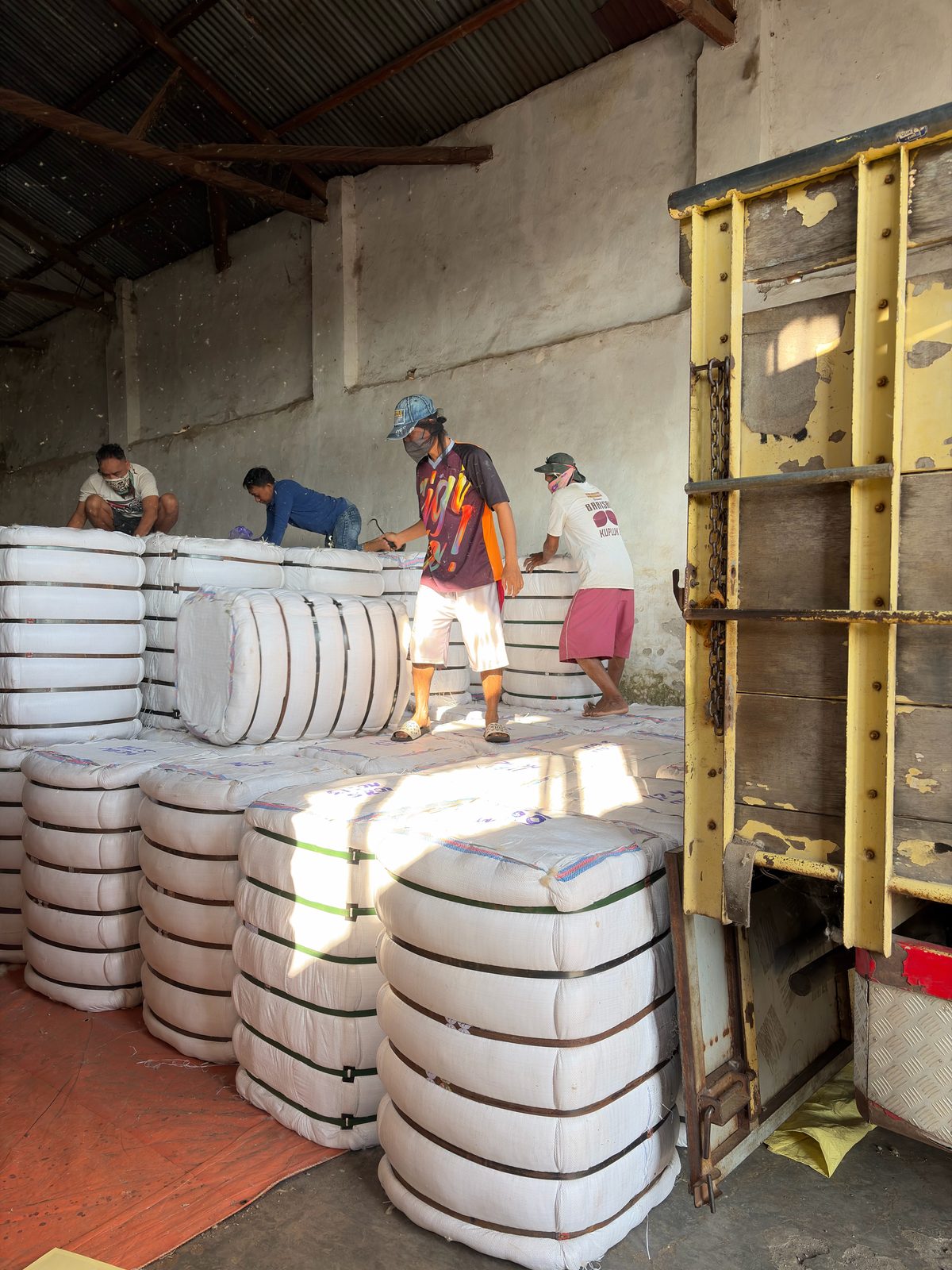 Workers loading pressed kapok bales onto a truck in our East Java warehouse